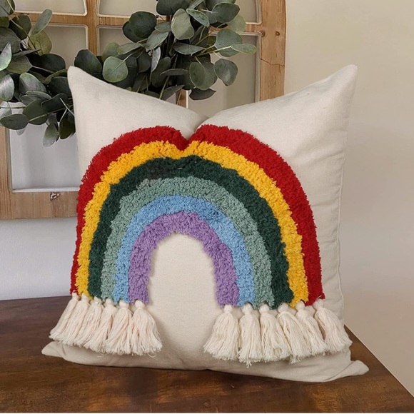 1 Pc Rainbow Throw Pillow Cover Boho Tassels - Picture 5 of 7